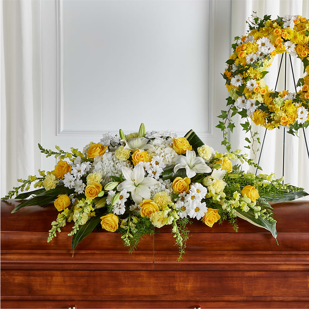 Golden Harmony Casket Spray – DON'S FLORAL STUDIO, Leon IA