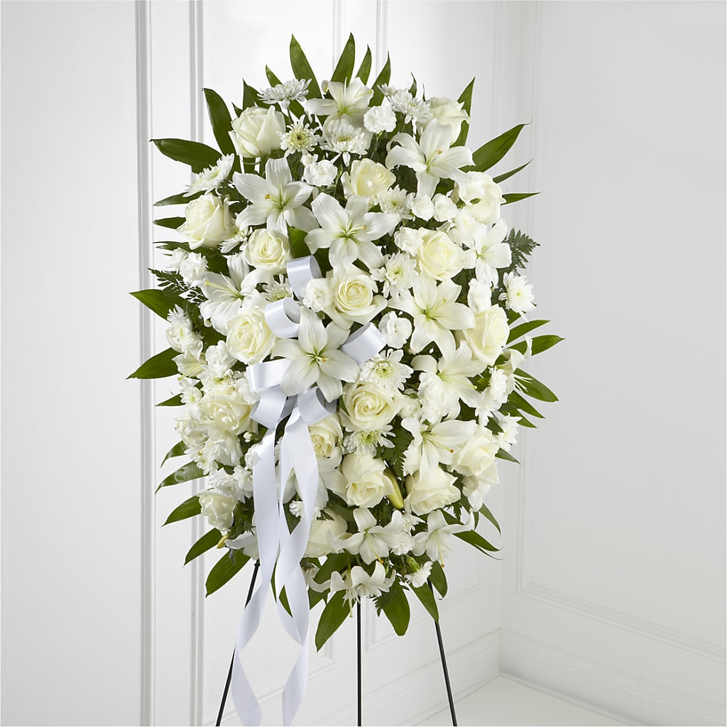 Exquisite Tribute Standing Spray-White Ribbon – DON'S FLORAL STUDIO, Leon IA