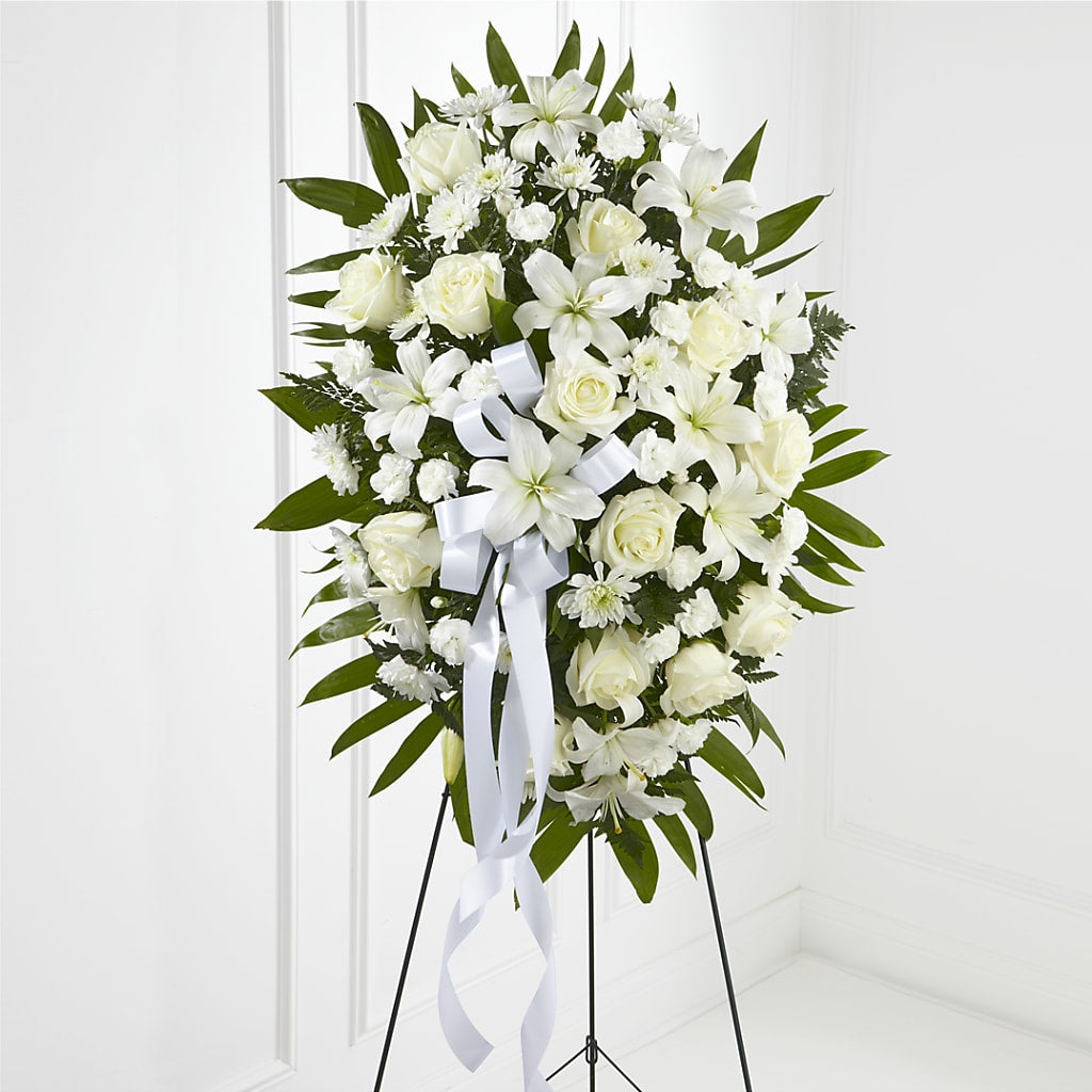 Exquisite Tribute Standing Spray-White Ribbon – DON'S FLORAL STUDIO, Leon IA